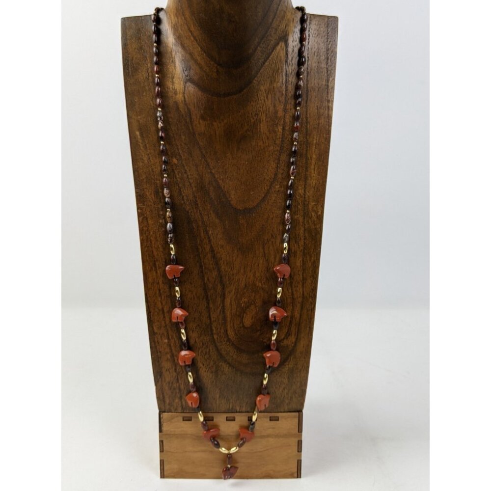 Vintage Southwest Jasper Bear Fetish Necklace w/ Garnet Beads